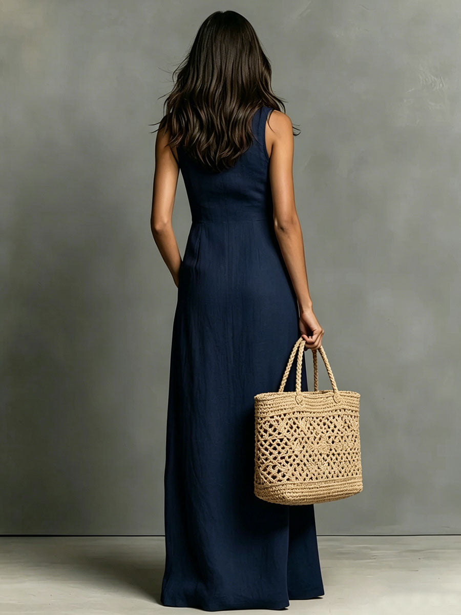SUPERVALUECHOICE HCSEAA00036 Women's Minimalist  Collared Single-Breasted Sleeveless Maxi Shirt Dress