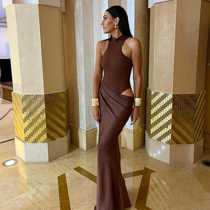 SUPERVALUECHOICE HCSEAA00074 Halter Cutout Satin Maxi Dress Elegant Formal Evening Party Gown for Women