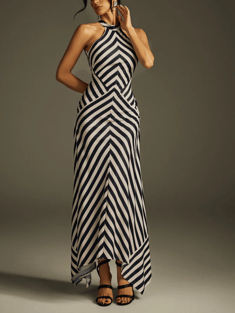 SUPERVALUECHOICE HCSEAA00031 Halter Neck Striped Asymmetrical Maxi Dress