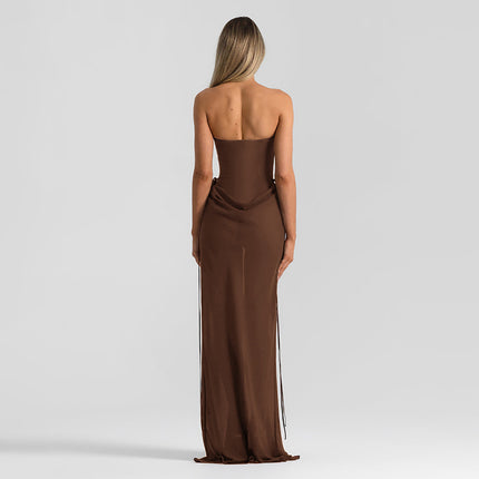 SUPERVALUECHOICE HCSEAA00076 Strapless Satin Maxi Dress Elegant Formal Party Evening Gown for Women