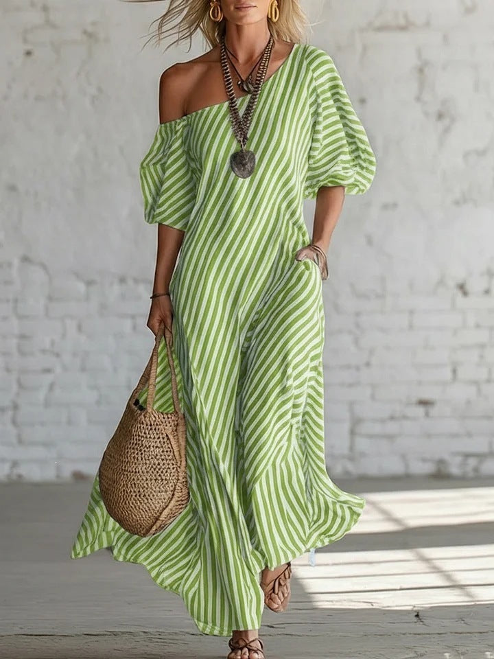 SUPERVALUECHOICE HCSEAA00050 Striped One-Shoulder Puff Sleeve Maxi Dress