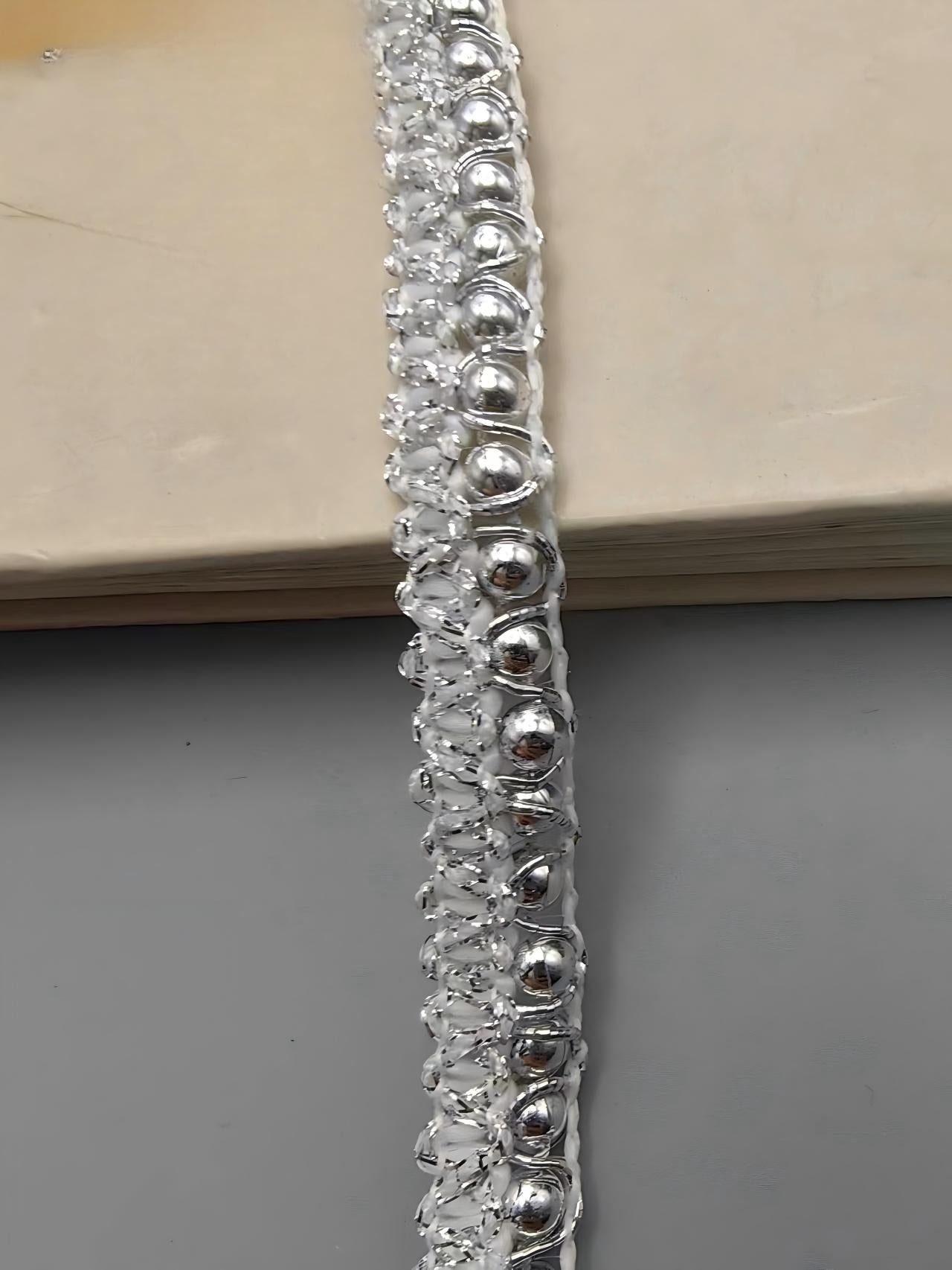 SuperValueChoice HCSEOA00002 Silver Beaded Wavy Fringe Lace Trim Ribbon Sparkly Rhinestone Edge Tape for Dress Sewing DIY Clothing Craft Decor ,0.47in Width