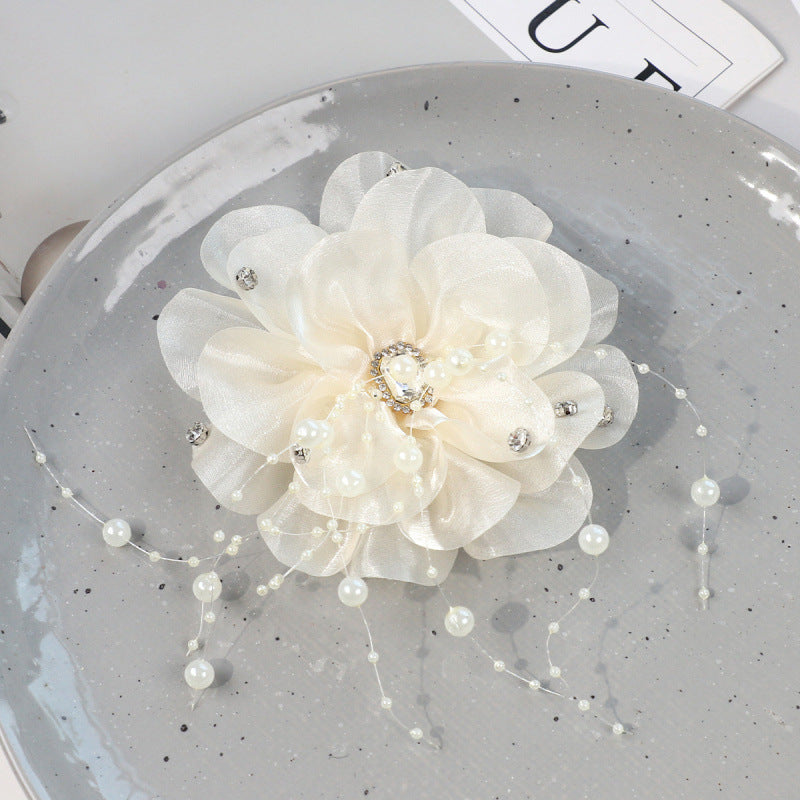 SUPÊR VÃLUE CHOICE  HCSEYG00003 3D Organza Fabric Flower Applique Feather Pearl Rhinestone Floral Patch Sew On Embellishment for Wedding Dress Costume Qipao DIY Craft Decor 3.14"×3.14"