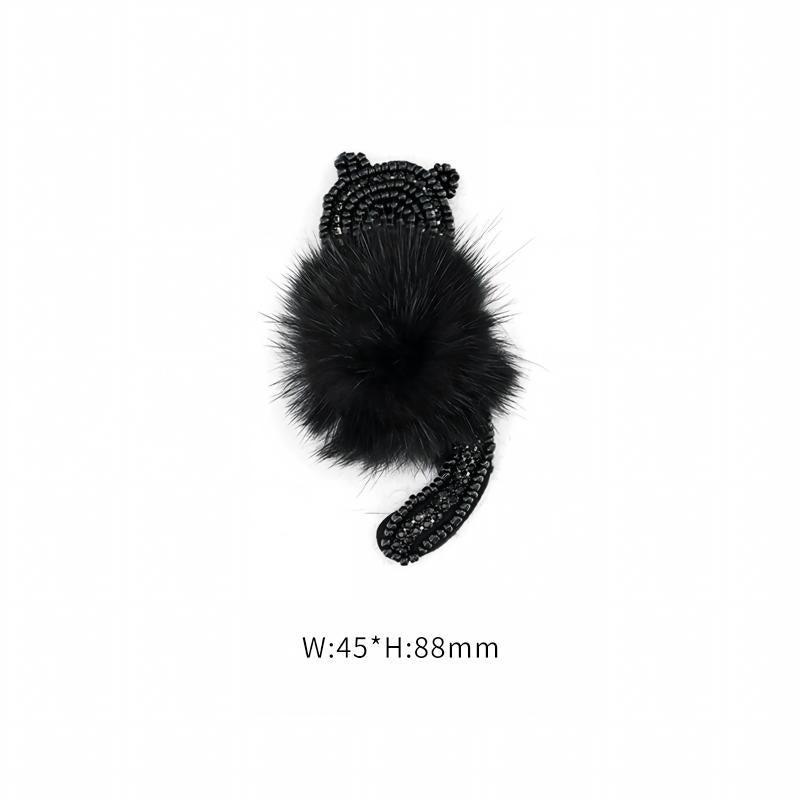 SUPÊR VÃLUE CHOICE  HCSEYD00012 Black Animal Sequin Rhinestone Applique Fluffy Fur Pom Pom Cat Rabbit Mouse Sew On Patch for Jacket Jeans Bag DIY Decor