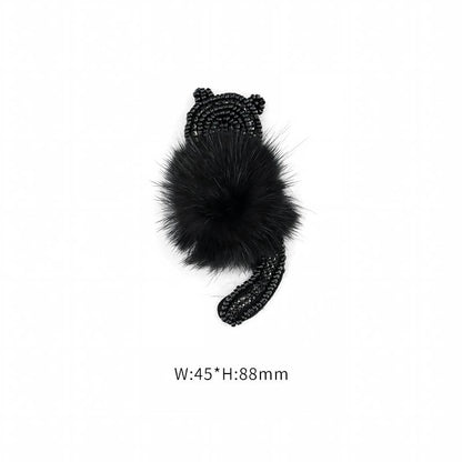 SUPÊR VÃLUE CHOICE  HCSEYD00012 Black Animal Sequin Rhinestone Applique Fluffy Fur Pom Pom Cat Rabbit Mouse Sew On Patch for Jacket Jeans Bag DIY Decor