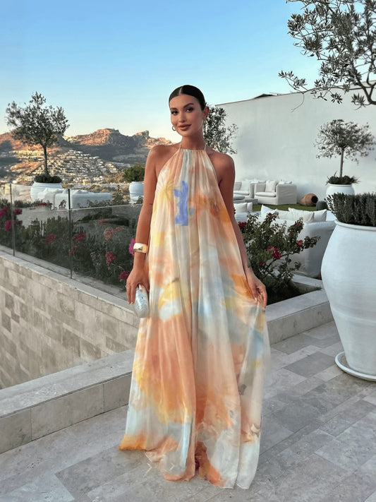 SUPERVALUECHOICE HCSEAA00027 Halter Neck Flowy Abstract Print Maxi Dress