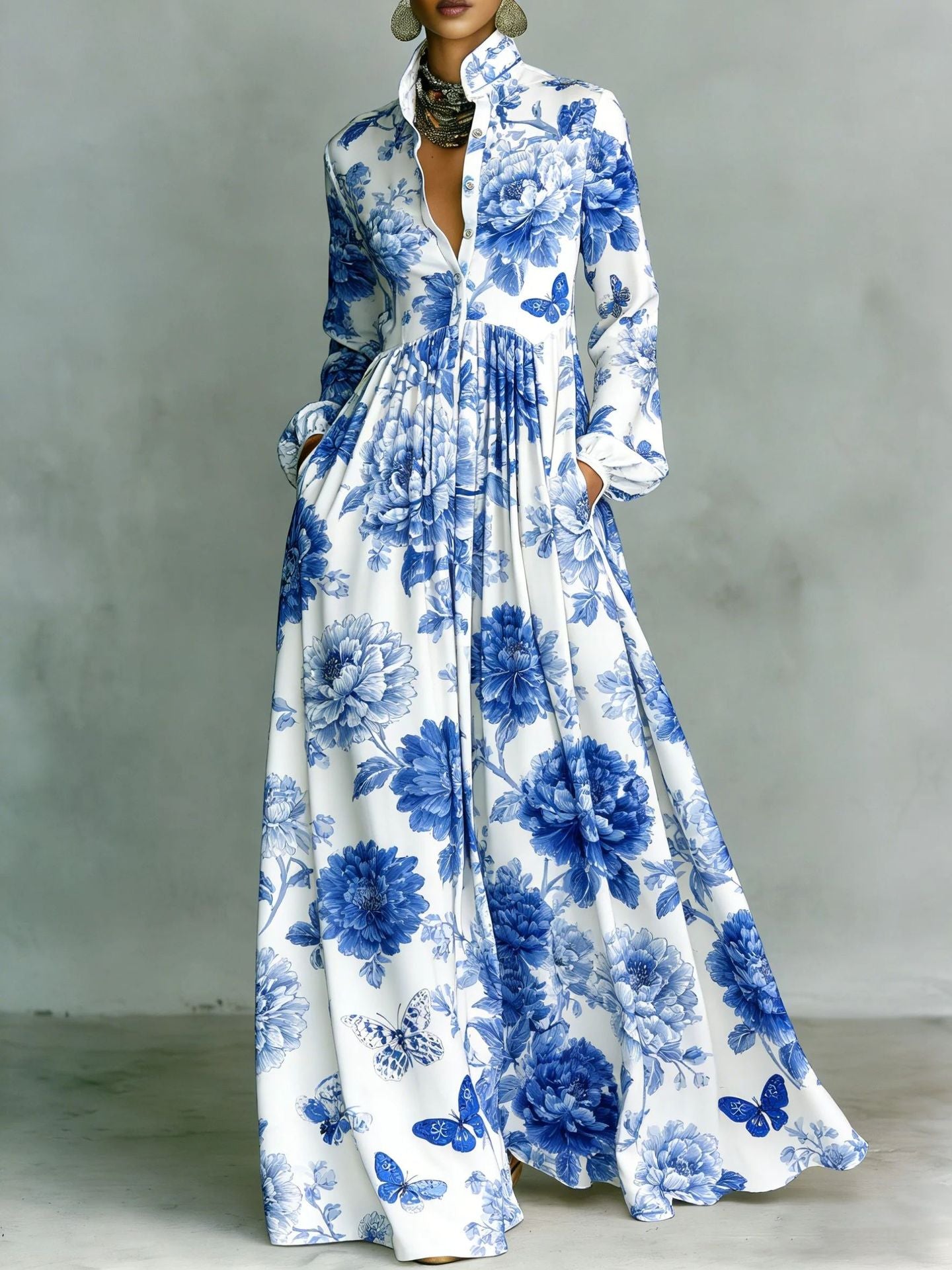 SUPERVALUECHOICE HCSEAA00044 Floral Print Stand Collar Long Sleeve Casual Maxi Dress with Pockets