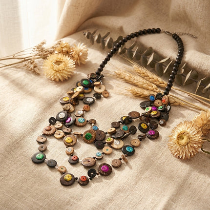 SUPERVALUECHOICE HCSEVA00014 Boho Multi‑Layer Coconut Shell Statement Necklace, Hand‑Painted Colorful Wooden Bead Bib Necklace