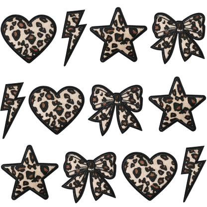 SUPERVALUECHOICE HCSEYSF00001 Leopard Print Shape Embroidered Patch Pack Heart Bow Star Lightning Bolt Iron On Appliques for Denim Jeans Bag Craft Supply