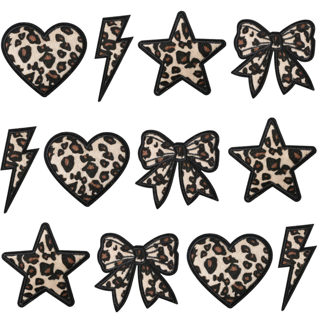 SUPERVALUECHOICE HCSEYSF00001 Leopard Print Shape Embroidered Patch Pack Heart Bow Star Lightning Bolt Iron On Appliques for Denim Jeans Bag Craft Supply