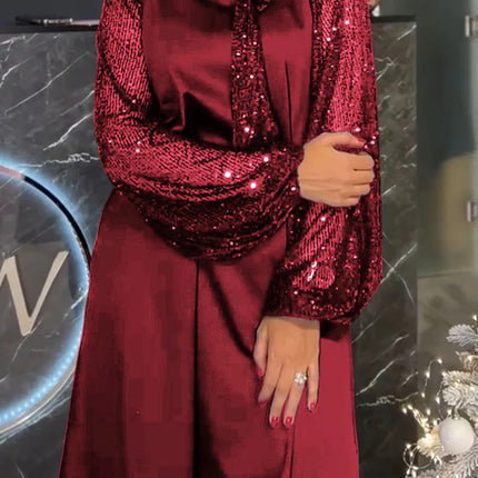 SUPERVALUECHOICE HCSEAA00069 Women's Long Sleeved Crew Neck Sequined Mini Long Sleeve Sparkly Dress Elegant Formal Night Dresses Women's Sequin Skirt