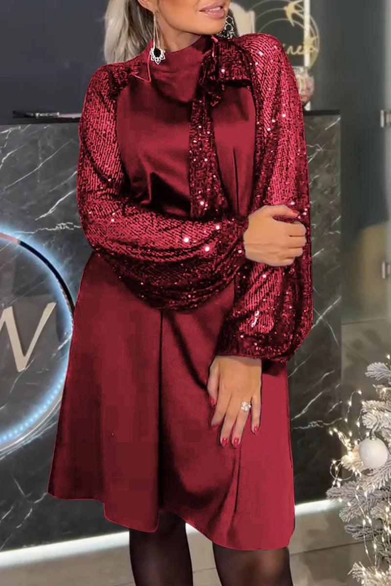 SUPERVALUECHOICE HCSEAA00069 Women's Long Sleeved Crew Neck Sequined Mini Long Sleeve Sparkly Dress Elegant Formal Night Dresses Women's Sequin Skirt