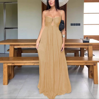SUPERVALUECHOICE HCSEAA00018 Soft and Elegant Metal Hollow Design Back Smocked A-line Slip Maxi Dress