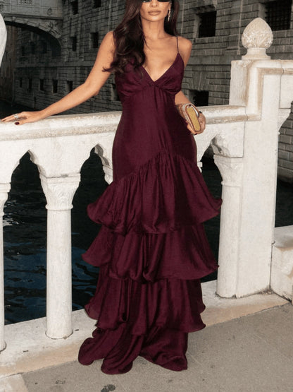 SUPERVALUECHOICE HCSEAA00030 Satin V-Neck Ruffle Tier Maxi Dress