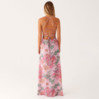SUPERVALUECHOICE HCSEAA00026 Floral Lace-Up Back Maxi Dress | Strappy Summer Vacation Dress