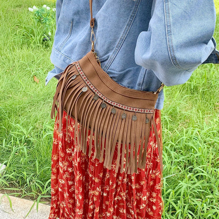 SuperValueChoice HCSEFA00034 Vintage Suede Fringe Shoulder Bag Women Studded Crossbody Purse