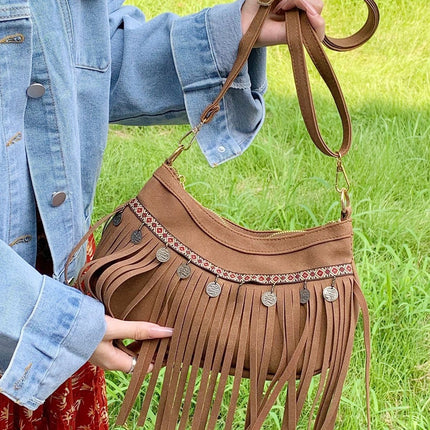 SuperValueChoice HCSEFA00034 Vintage Suede Fringe Shoulder Bag Women Studded Crossbody Purse