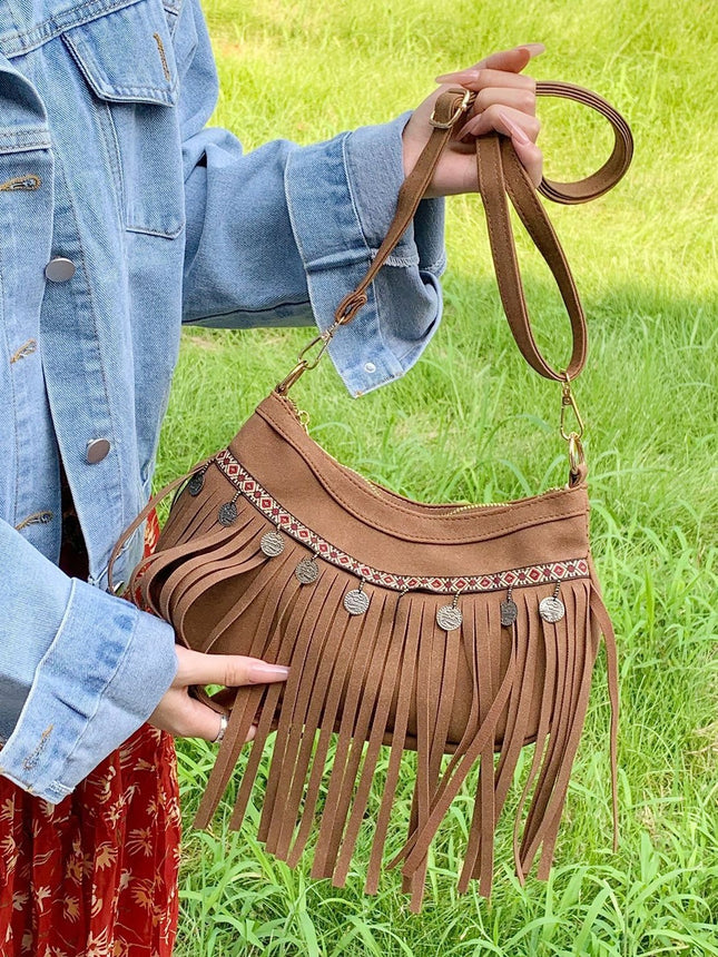 SuperValueChoice HCSEFA00034 Vintage Suede Fringe Shoulder Bag Women Studded Crossbody Purse