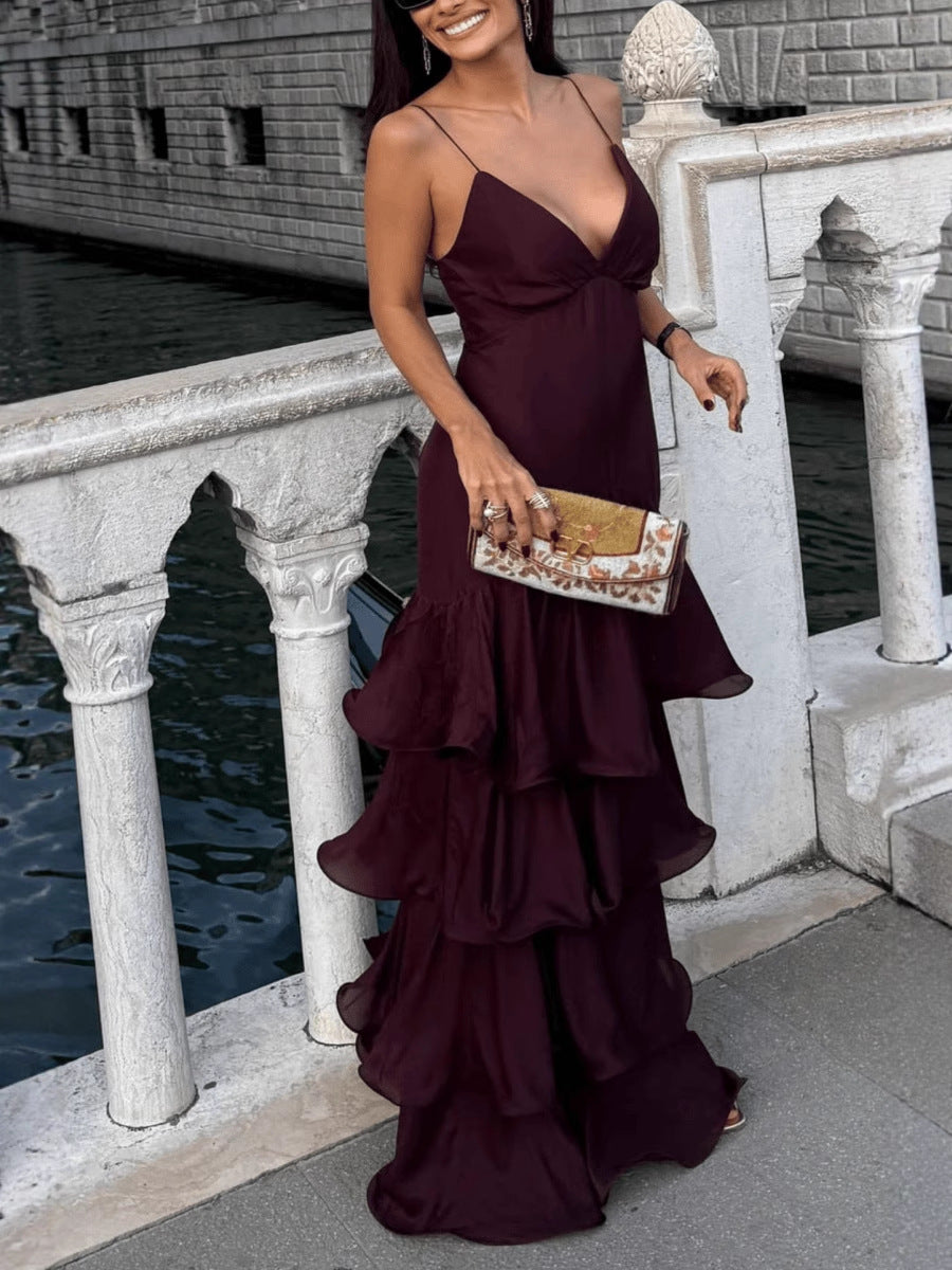 SUPERVALUECHOICE HCSEAA00030 Satin V-Neck Ruffle Tier Maxi Dress