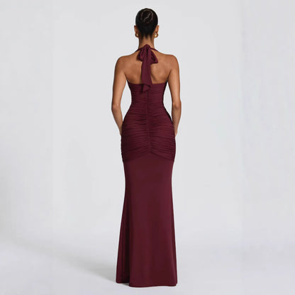 SUPERVALUECHOICE HCSEAB00004 Halter Neck Plunge Ruched Mermaid Maxi Dress - Formal Evening Gown