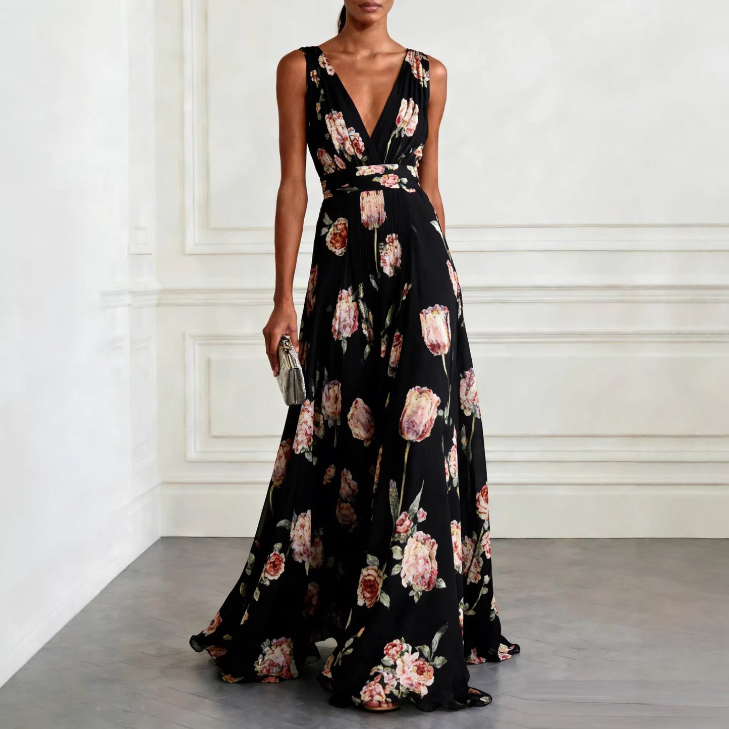 SUPERVALUECHOICE HCSEAA00035 Elegant Tulip Print V-neck Maxi Dress