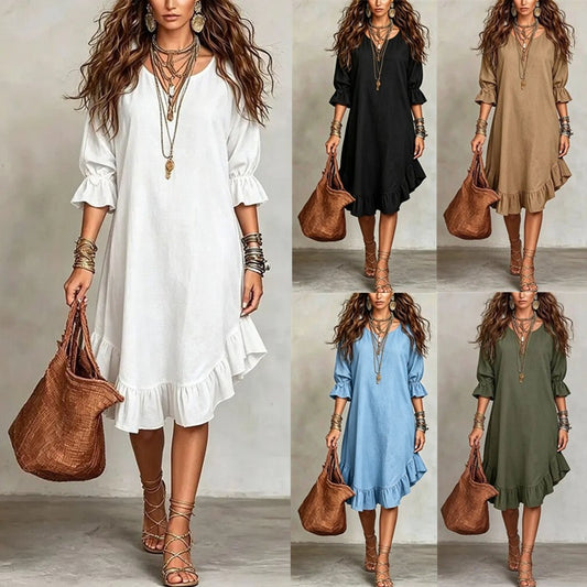 SUPERVALUECHOICE HCSEAA00048 Boho Ruffled Hem Three-Quarter Sleeve Midi Dress