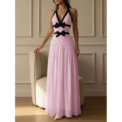 SUPERVALUECHOICE HCSEAA00023 Halter Neck Bow-Contrast Chiffon Maxi Dress