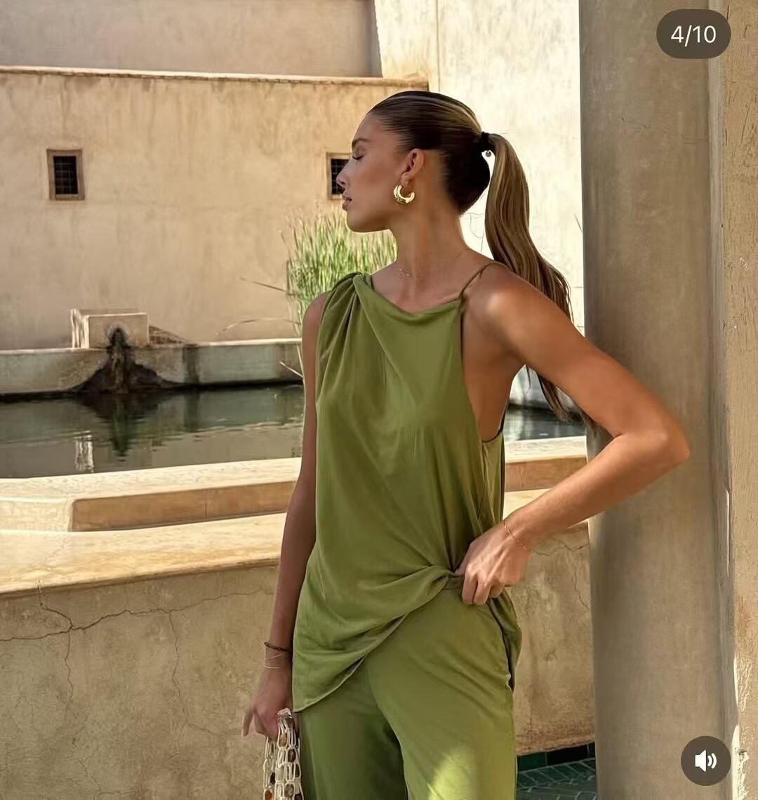SUPERVALUECHOICE HCSEBB00028  GREEN ASYMMETRIC DRAPED TOP AND MATCHING TROUSERS Co Ord Set