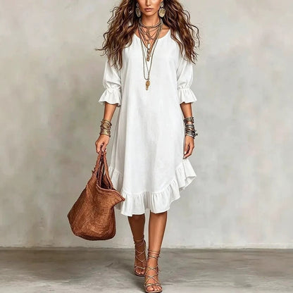 SUPERVALUECHOICE HCSEAA00048 Boho Ruffled Hem Three-Quarter Sleeve Midi Dress