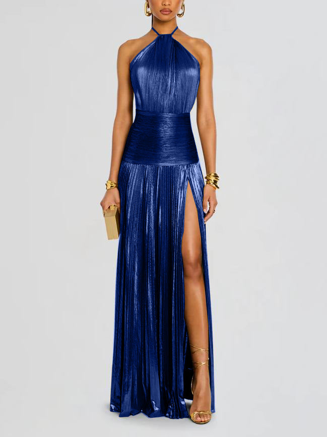 SUPERVALUECHOICE HCSEAA00002 Halter Neck Pleated Metallic Maxi Dress