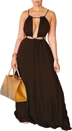 SUPERVALUECHOICE HCSEAA00066 Womens Summer Dress Spaghetti Strap Halter Sleeveless Sexy Cutout Boho Maxi Sundress Beach Vacation Dresses