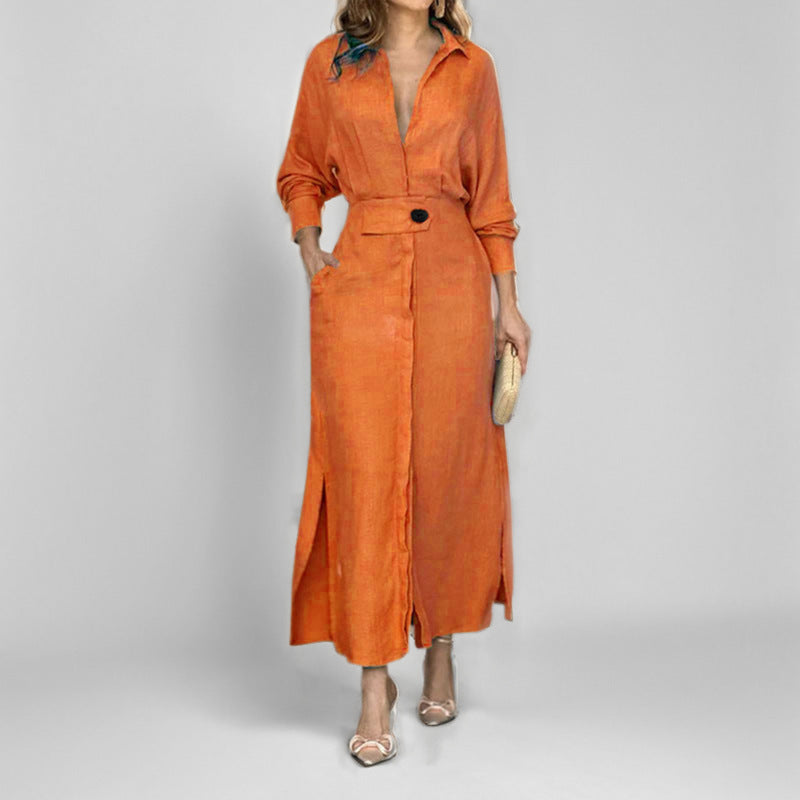 SUPERVALUECHOICE HCSEWO0001 Lace-up Solid Color Waist Long Sleeve Irregular Shirt Dress