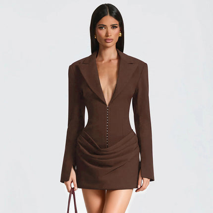 SUPERVALUECHOICE HCSEAC00024 Corset Waist Blazer Dress Deep V Neck Ruched Long Sleeve Mini Party Dress