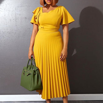 SUPERVALUECHOICE HCSEAA00081 Women's Short Sleeve Asymmetrical Ruffles High Waist Pleated Hem Midi Spring Dress