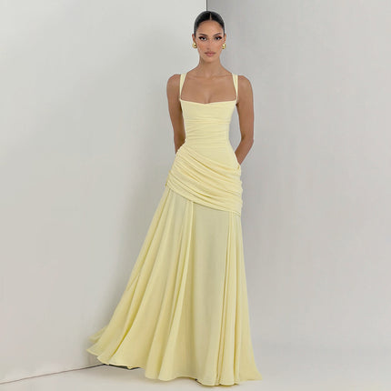 SUPERVALUECHOICE HCSEAA00004 Square Neck Ruched Waist Chiffon Maxi Dress