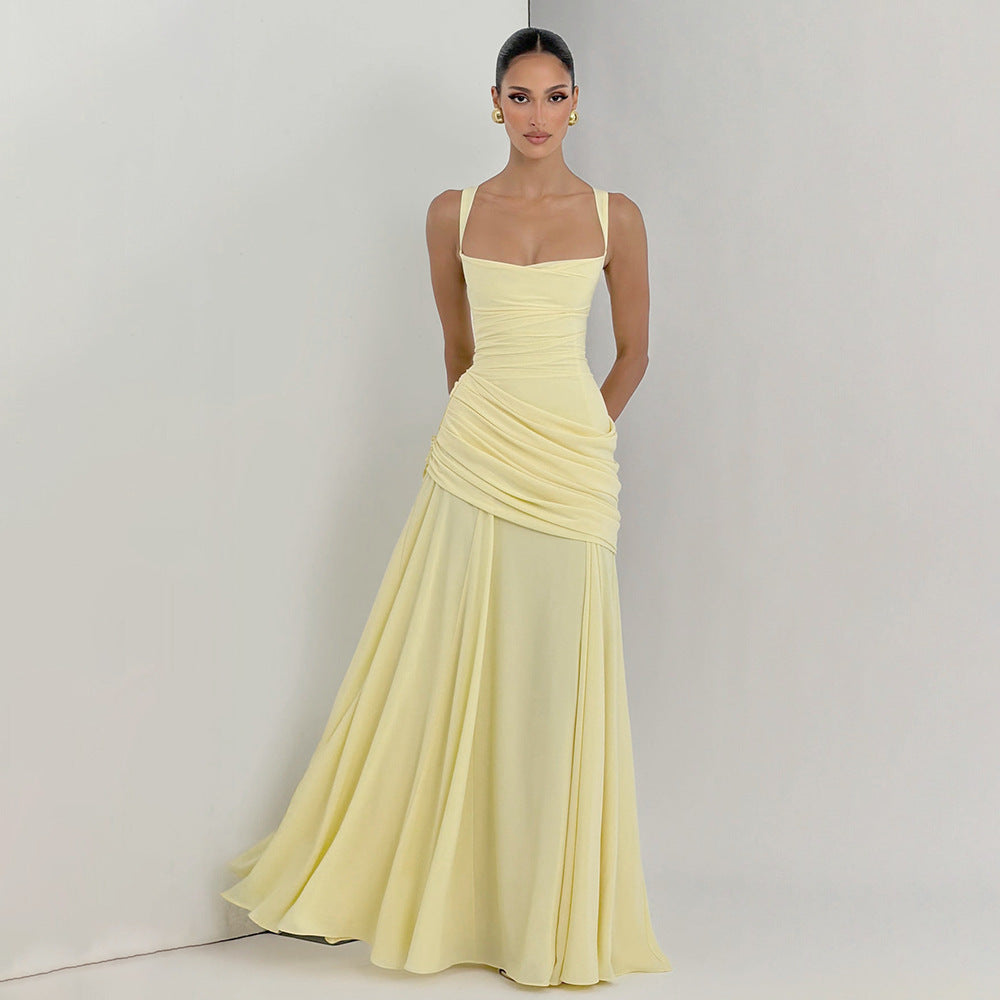 SUPERVALUECHOICE HCSEAA00004 Square Neck Ruched Waist Chiffon Maxi Dress