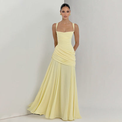 SUPERVALUECHOICE HCSEAA00004 Square Neck Ruched Waist Chiffon Maxi Dress