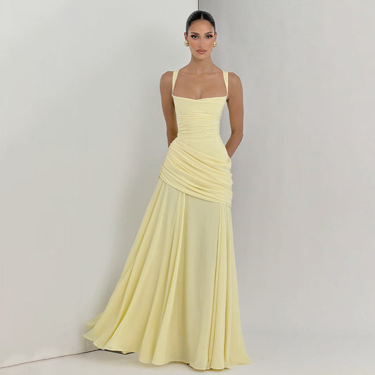 SUPERVALUECHOICE HCSEAA00004 Square Neck Ruched Waist Chiffon Maxi Dress
