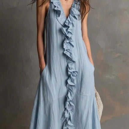 SUPERVALUECHOICE HCSEAA00047 Women's Fashion Solid-Color Sleeveless Cotton-Linen V-Neck Flared Dress with Ruffles