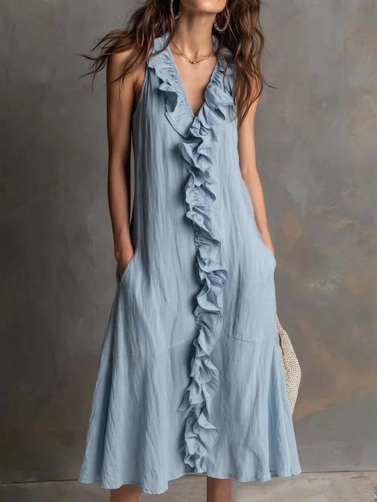 SUPERVALUECHOICE HCSEAA00047 Women's Fashion Solid-Color Sleeveless Cotton-Linen V-Neck Flared Dress with Ruffles