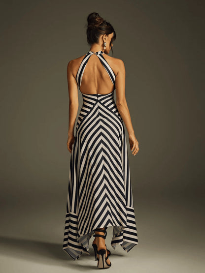 SUPERVALUECHOICE HCSEAA00031 Halter Neck Striped Asymmetrical Maxi Dress