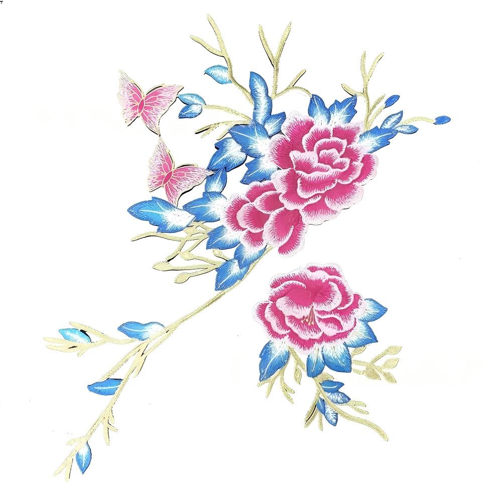 SUPERVALUECHOICE HCSEYB00049  Two Pieces Pink Blue Peony Butterfly Flower Branch Embroidery Lace Patches