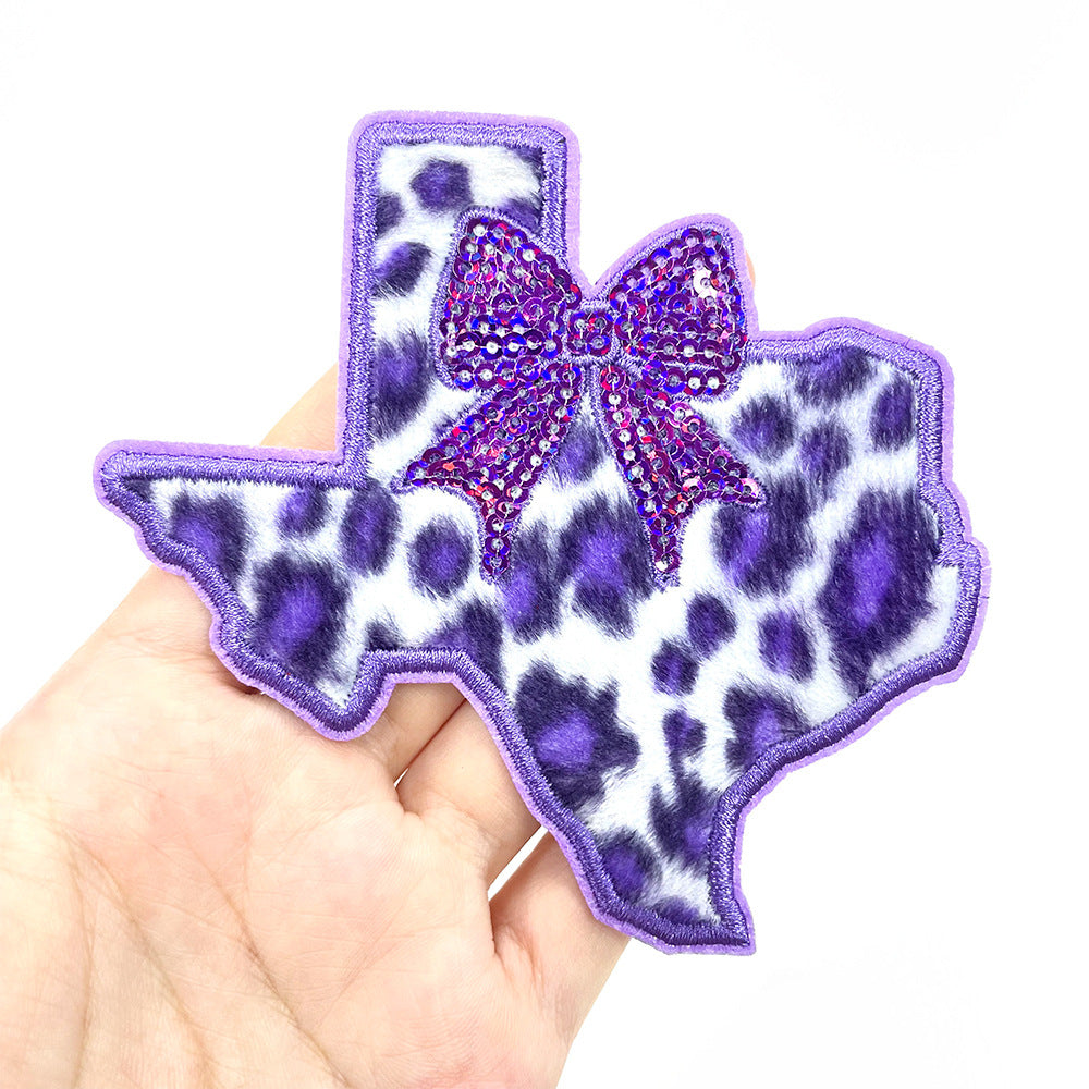 SUPERVALUECHOICE HCSEYSF00004 Faux Fur Leopard Texture Texas State Patch Sparkly Sequin Bow Embroidered Iron On Applique for Southern Style Garment Customization