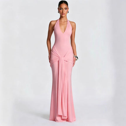 SUPERVALUECHOICE HCSEAA00072 Sexy Halter Bodycon Maxi Dress for Women – Scarf Detail Patchwork Evening Gown