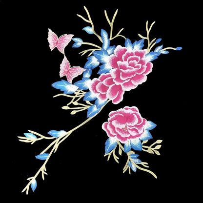 SUPERVALUECHOICE HCSEYB00049  Two Pieces Pink Blue Peony Butterfly Flower Branch Embroidery Lace Patches