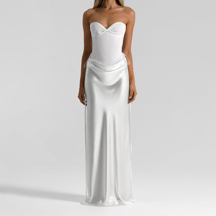 SUPERVALUECHOICE HCSEAA00076 Strapless Satin Maxi Dress Elegant Formal Party Evening Gown for Women