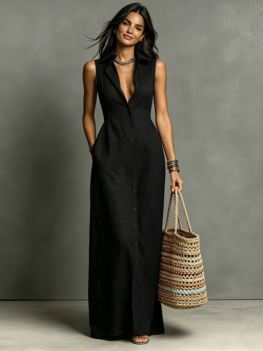 SUPERVALUECHOICE HCSEAA00036 Women's Minimalist  Collared Single-Breasted Sleeveless Maxi Shirt Dress