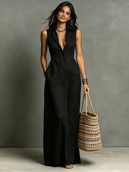 SUPERVALUECHOICE HCSEAA00036 Women's Minimalist  Collared Single-Breasted Sleeveless Maxi Shirt Dress