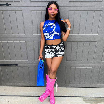 SUPERVALUECHOICE HCSECA00002 Y2K Blue Sleeveless Crop Top Women Abstract Face Graphic Tank Top Streetwear