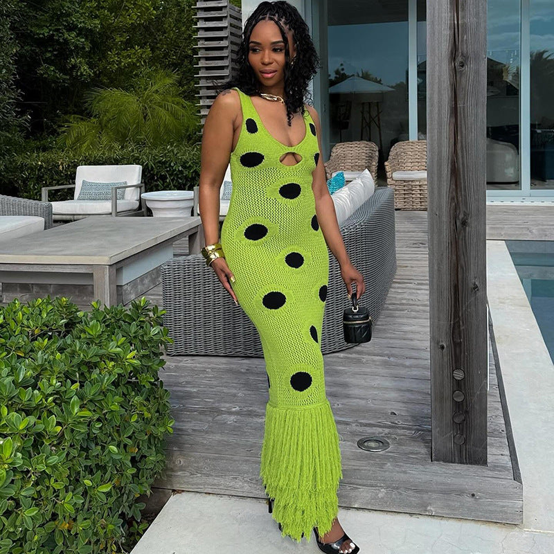 SUPERVALUECHOICE HCSEAB00010 Exquisite Crochet Polka Dot Tassel Maxi Dress